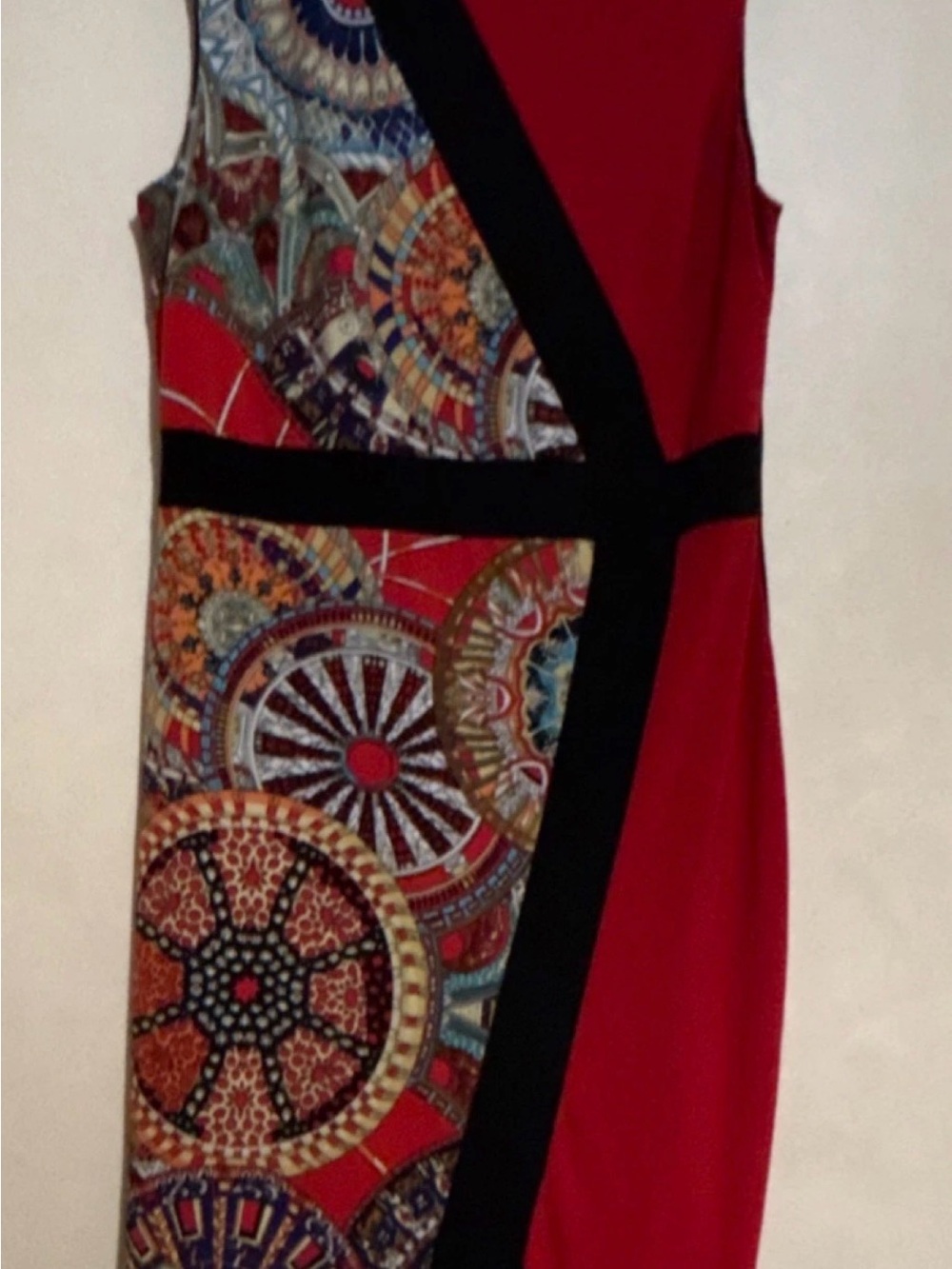 Frank Lyman Design Red Multicolor Patterned Midi Dress with Black Trim